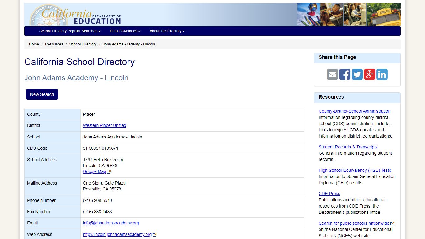 John Adams Academy - Lincoln - School Directory Details (CA Dept of ...